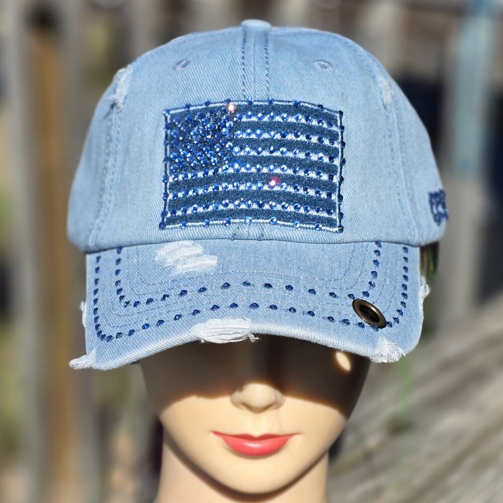 Ladies Light Blue Denim USA Flag BLING Hat NEW